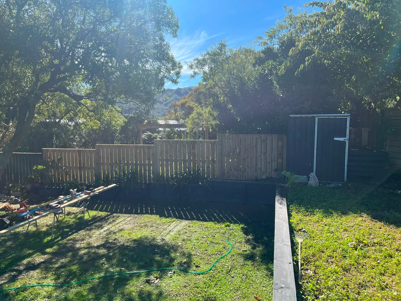 Wooden boundary fence and garden shed in a Wellington backyard